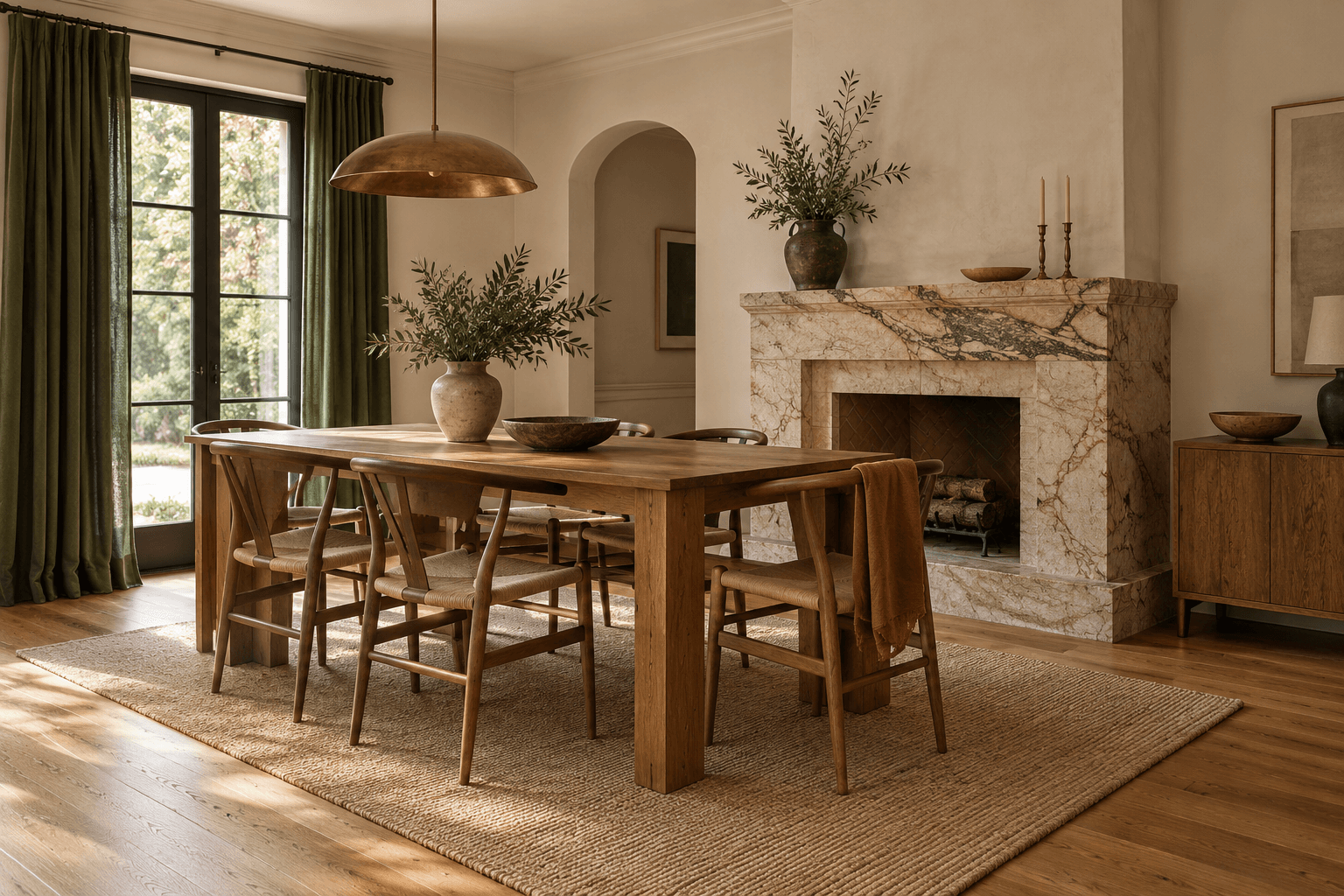 Conceptual room with honey oak, pale stone, moss green, and rust fixed finishes.