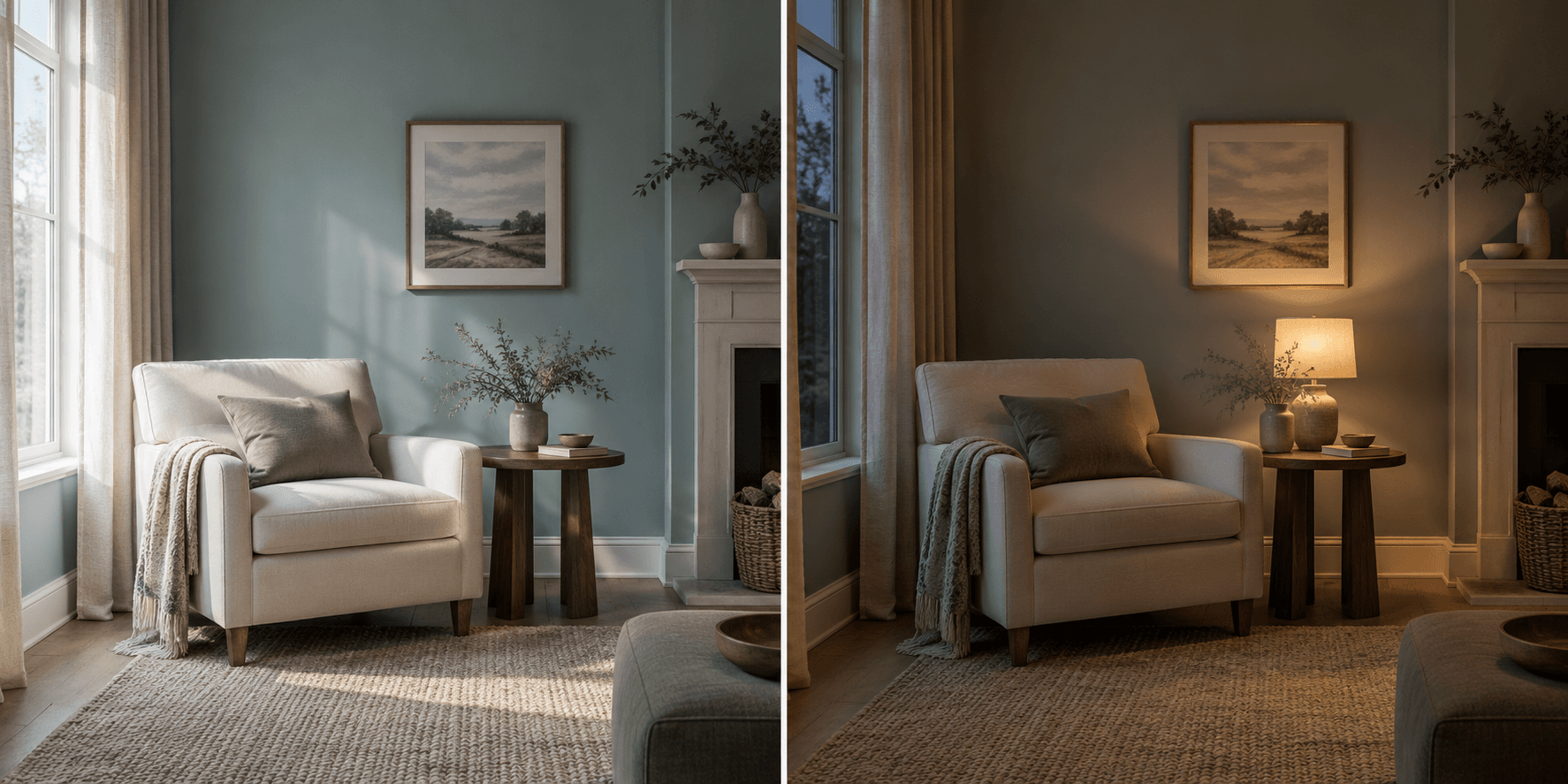 The same blue-gray room shown in daylight and after dark under a warm lamp.
