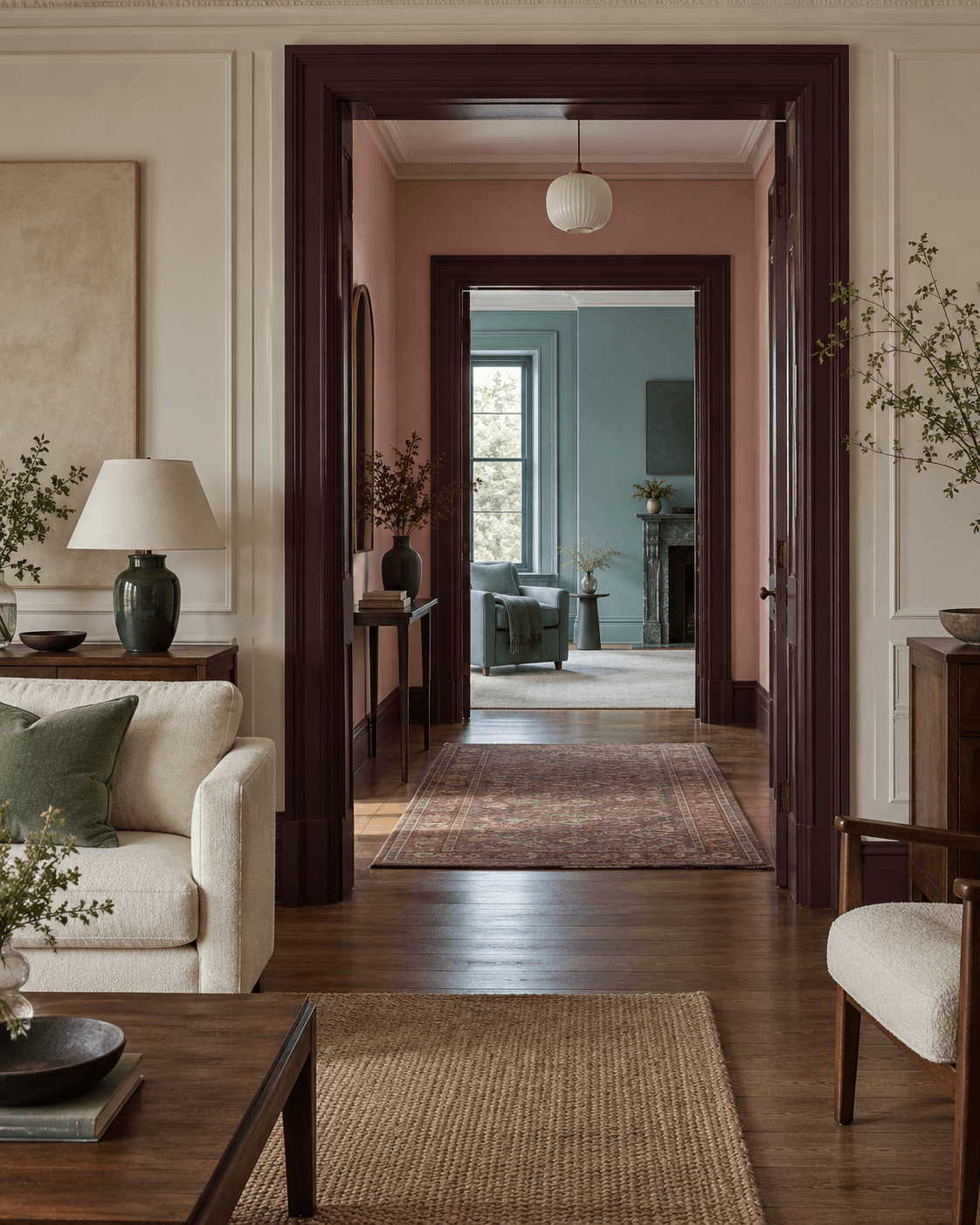 Cream, dusty pink, plum, and blue rooms connected through a sequence of open doorways.