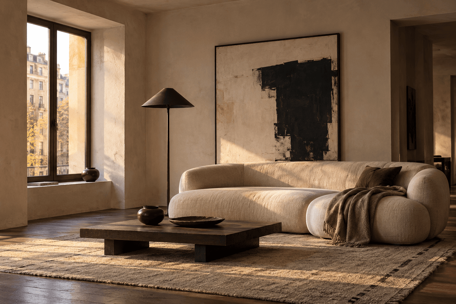 Conceptual warm minimalist living room with a low linen sofa, walnut table, black art, and an oxblood vessel.