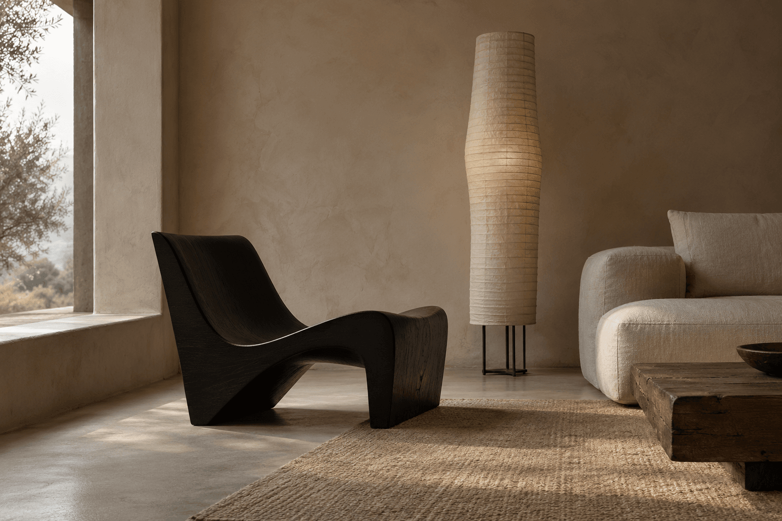 Conceptual room with a single sculptural dark chair read against a quiet wall.
