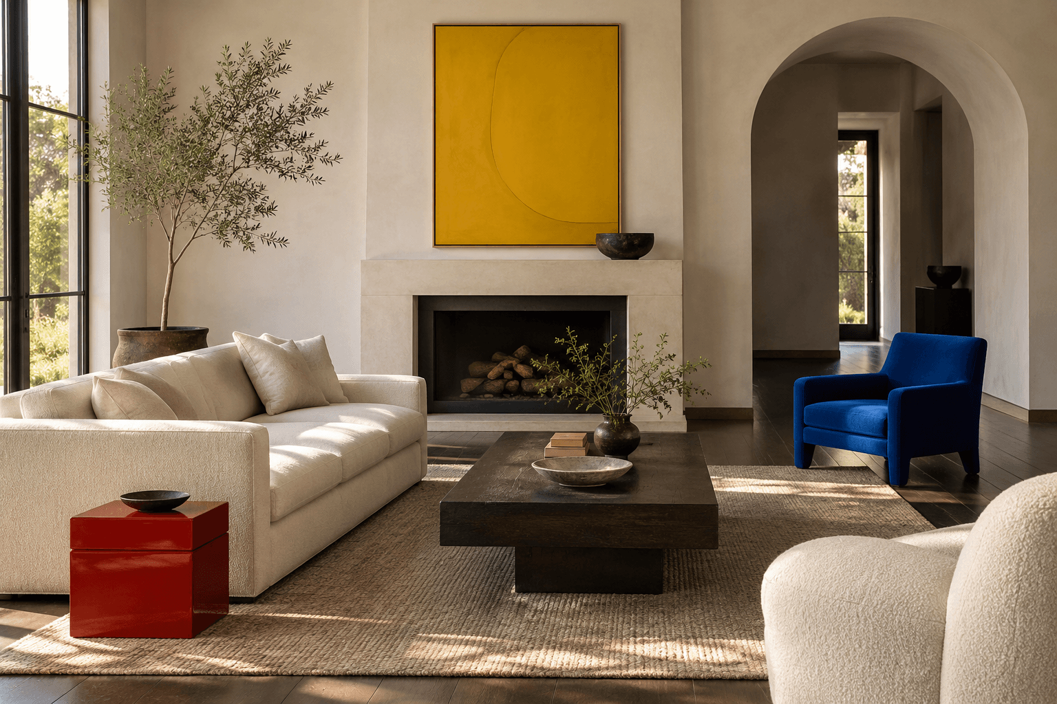 Conceptual minimalist room with one blue chair and small red and yellow interruptions.