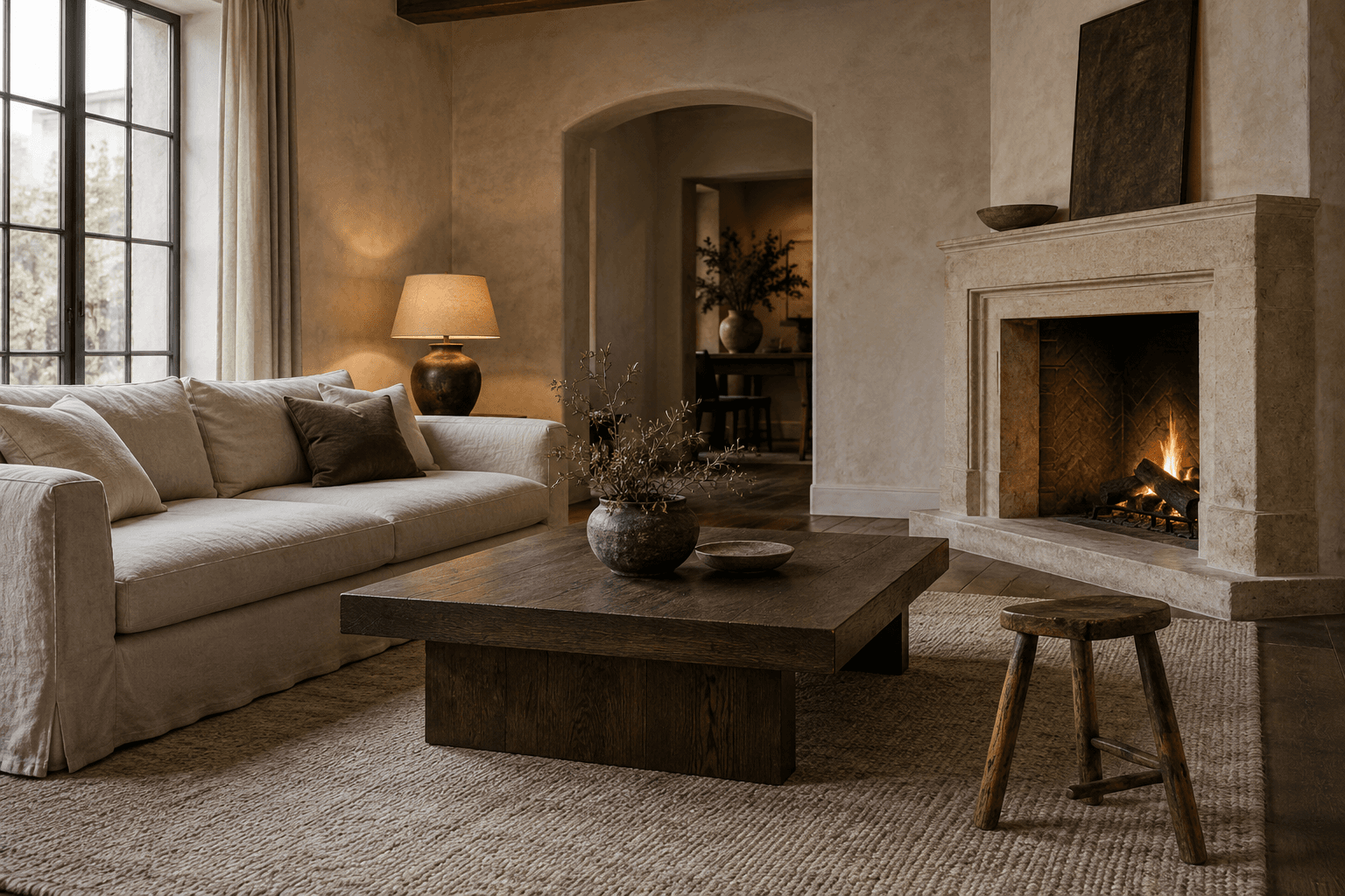 Conceptual organic modern living room layered with plaster, linen, timber, stone, and dark metal.