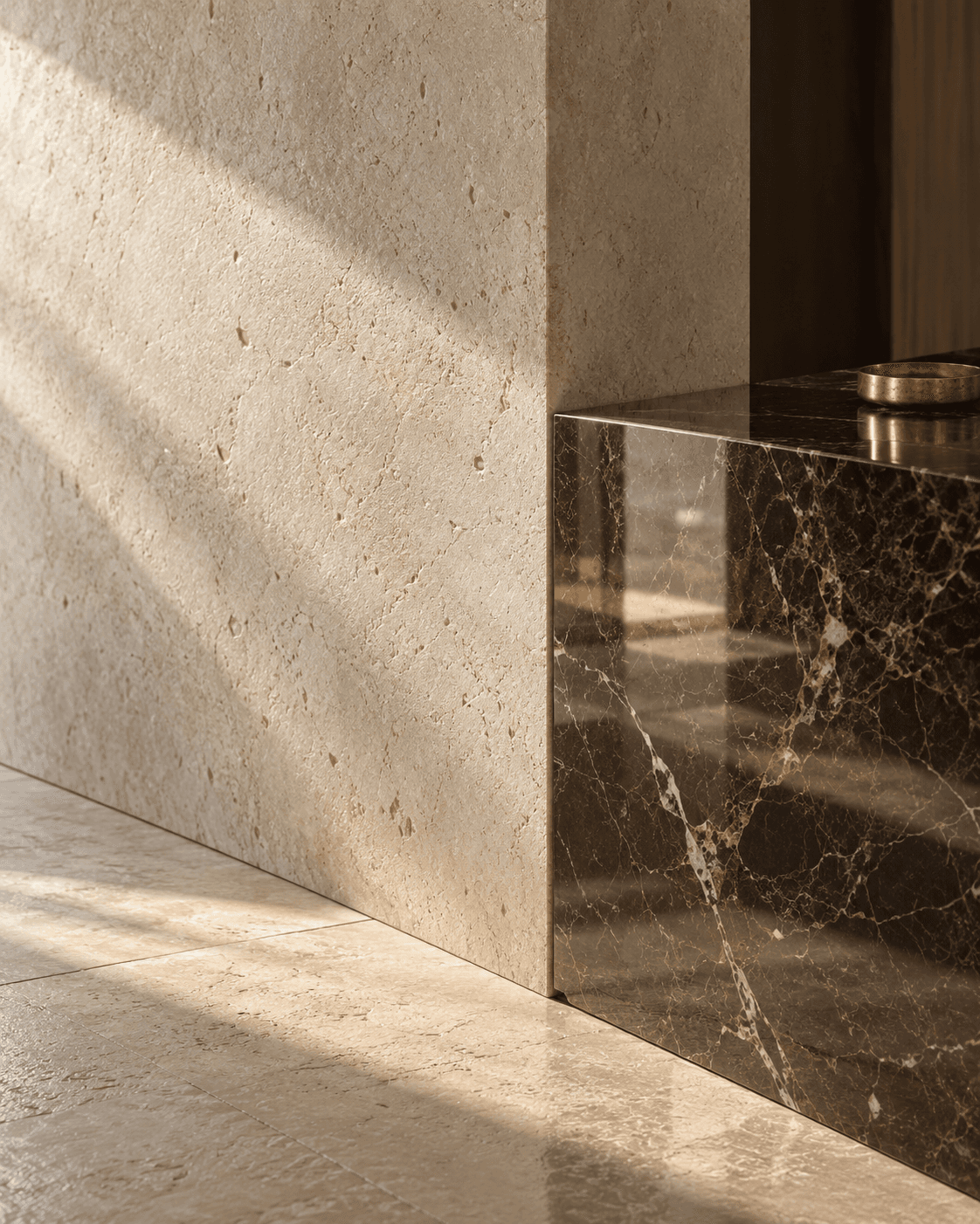 Conceptual close study of honed limestone beside polished dark marble.