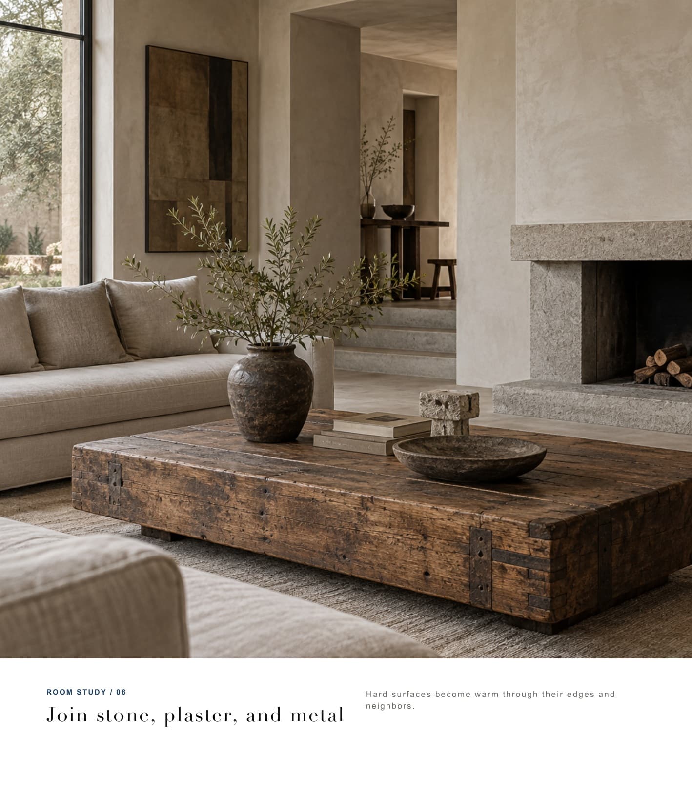 Stone, plaster, and metal room study.