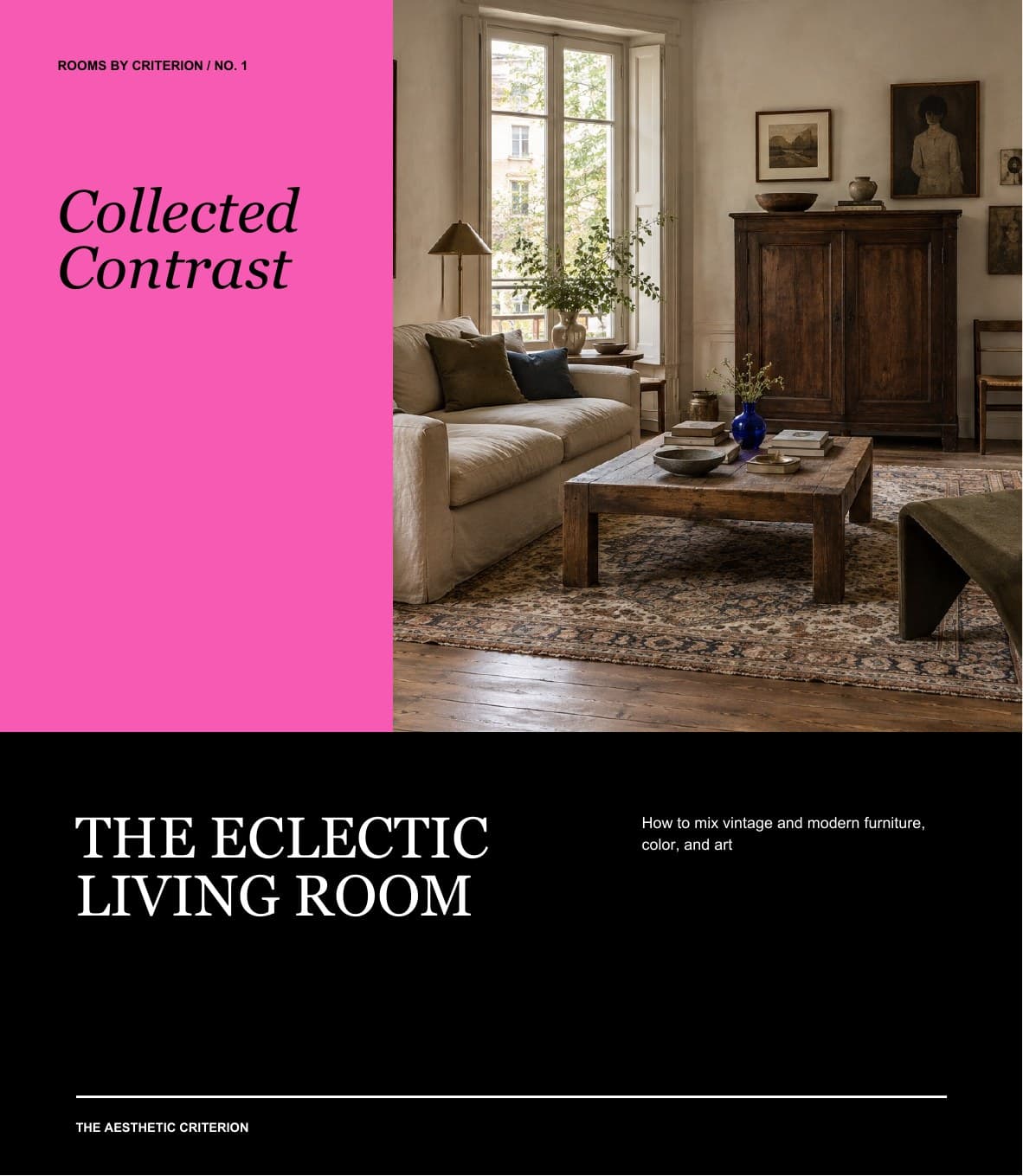 Cover of Collected Contrast with a pink title field beside an eclectic living room.