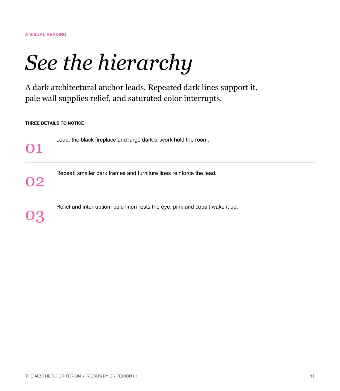 Visual reading page explaining the hierarchy of the preceding room study.