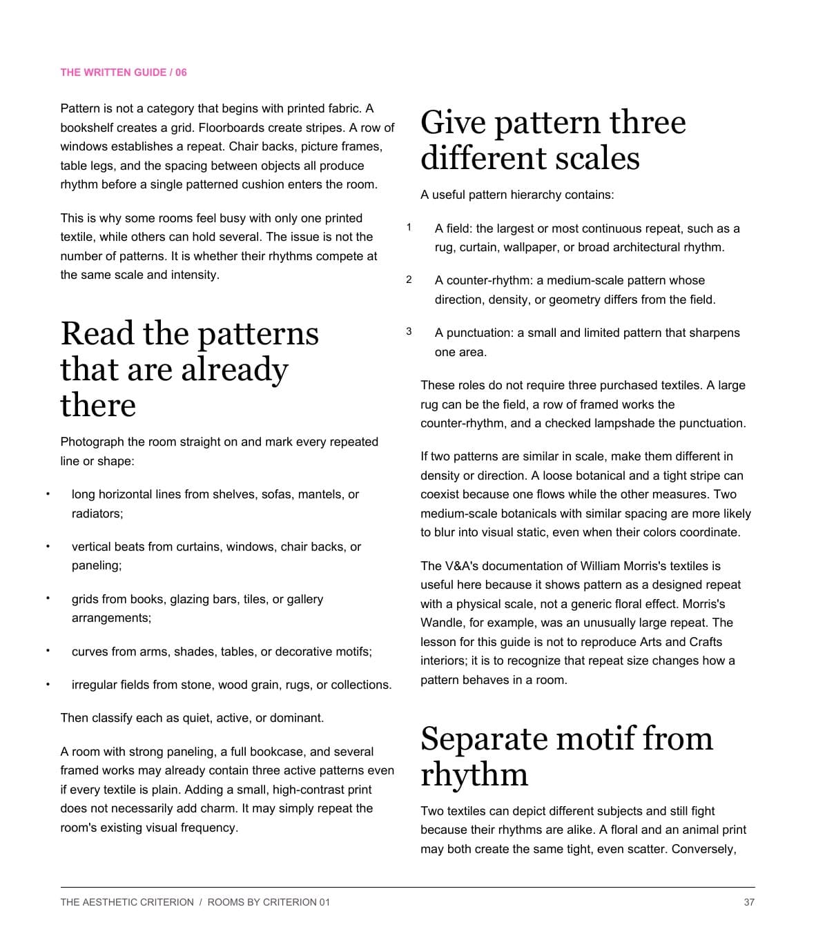 Editorial page explaining how to read patterns already present in a room.