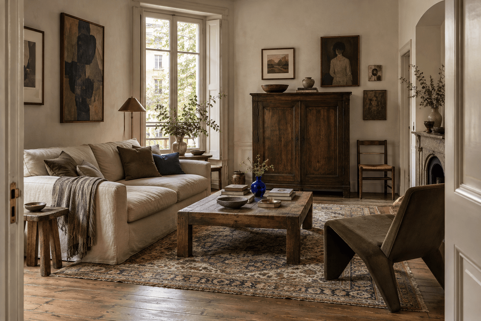 Conceptual eclectic living room with a linen sofa, old walnut cabinet, olive chair, faded rug, and one cobalt glass vase.