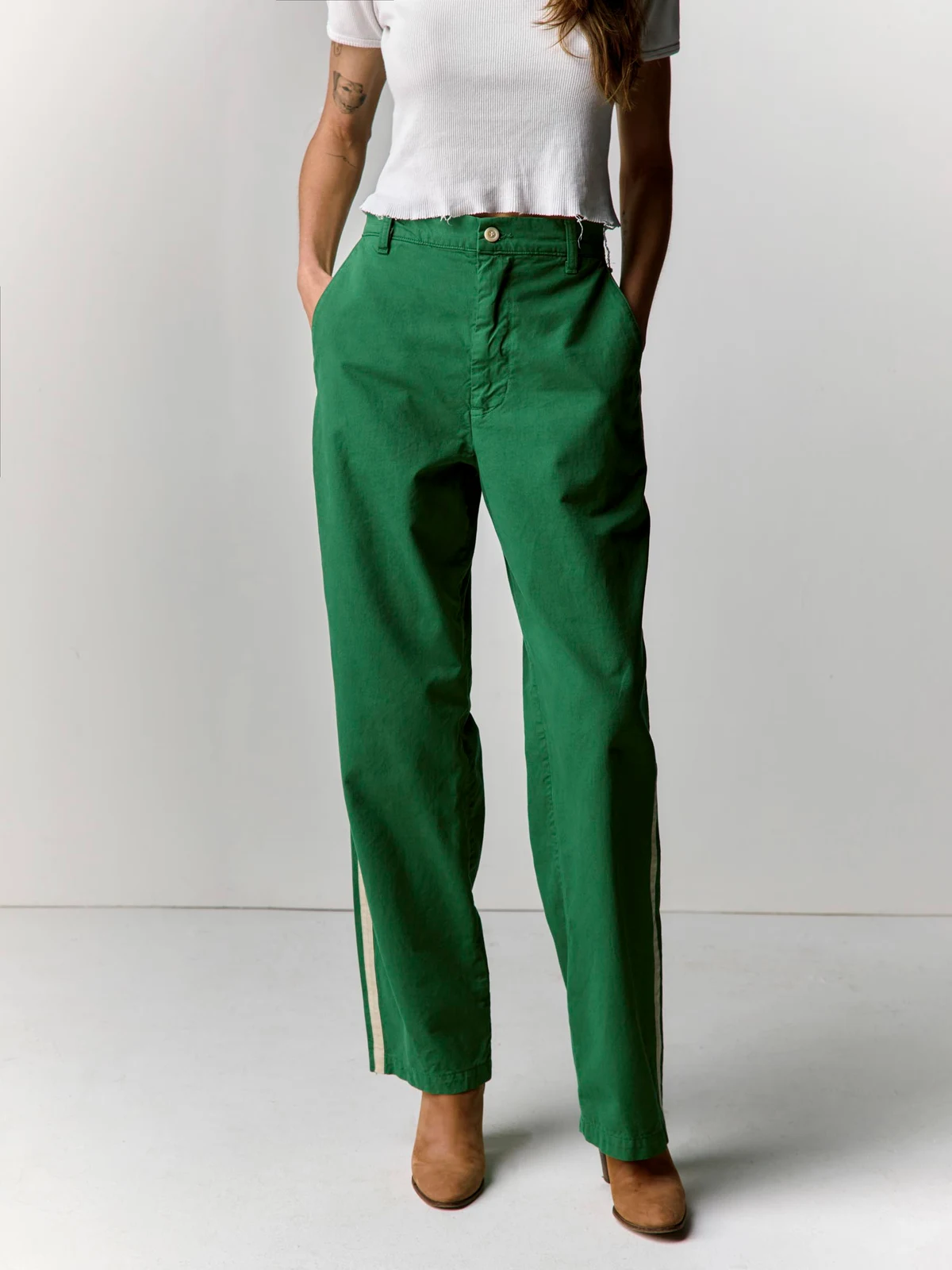baker striped trouser in kelly green by i+w non-denim bottoms.