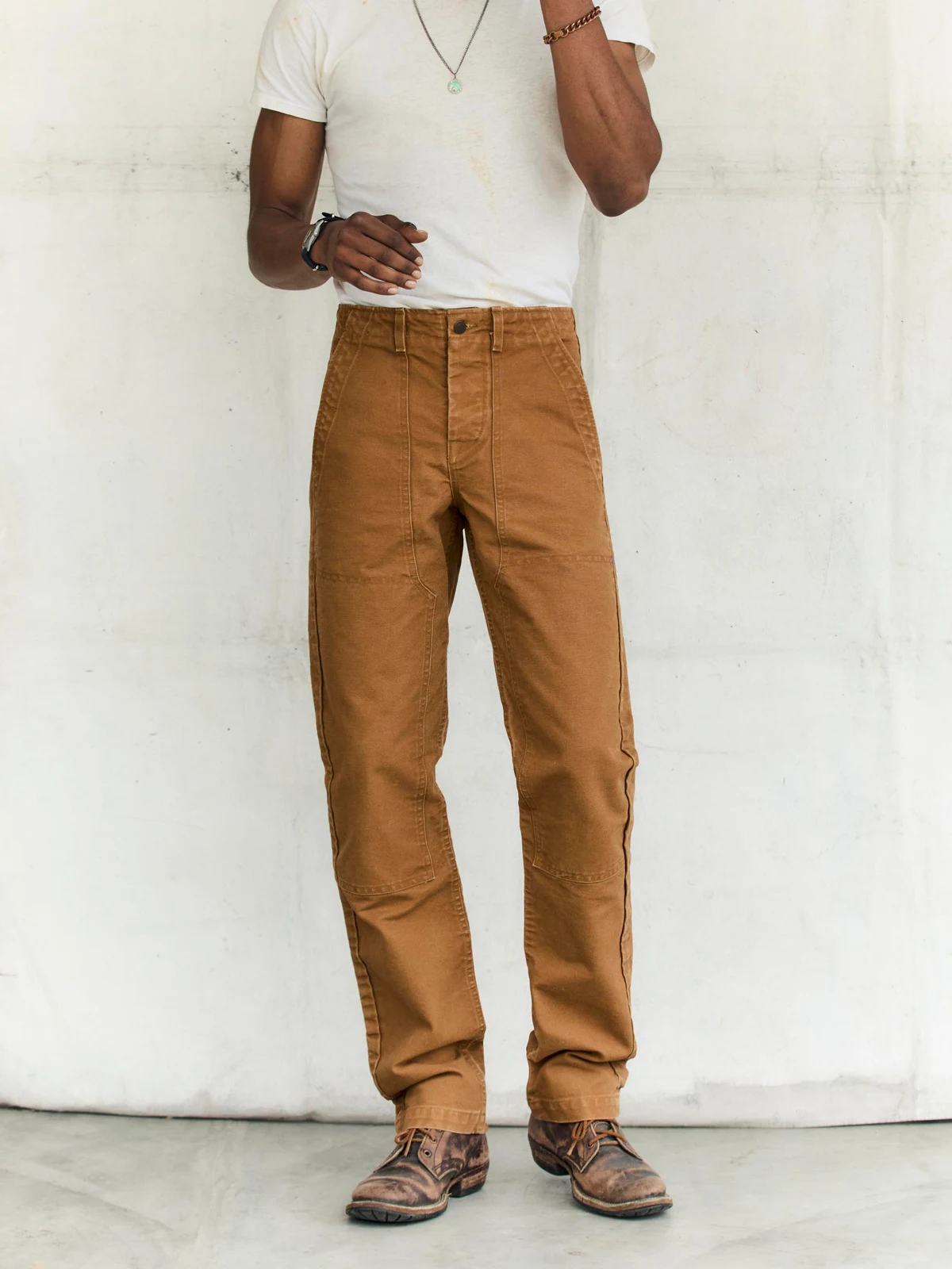 hencye washed canvas workpant in brown by i+w non-denim bottoms.