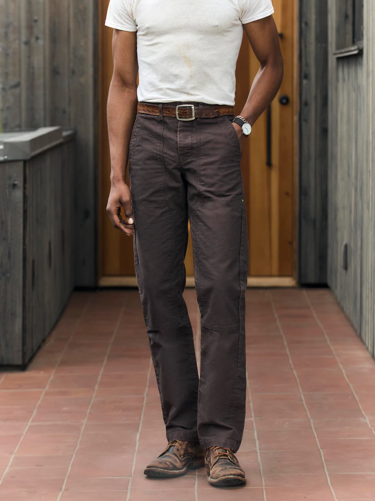 hencye washed canvas workpant in carob by i+w non-denim bottoms.