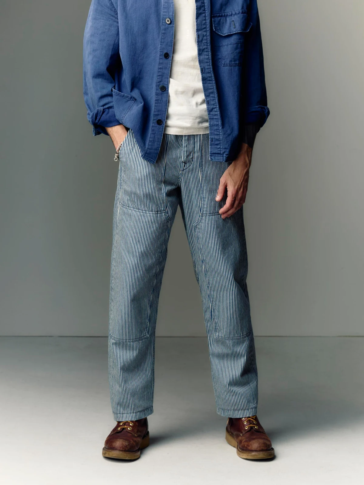 hencye workpant in hickory stripe by i+w non-denim bottoms.