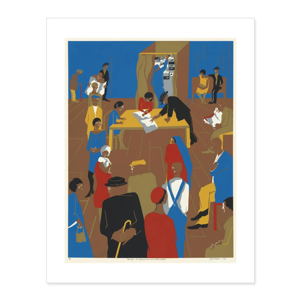 Jacob Lawrence, The 1920's...The Migrants Arrive and Cast Their Ballots, 11 × 14" Print by National Gallery of Art Shop.