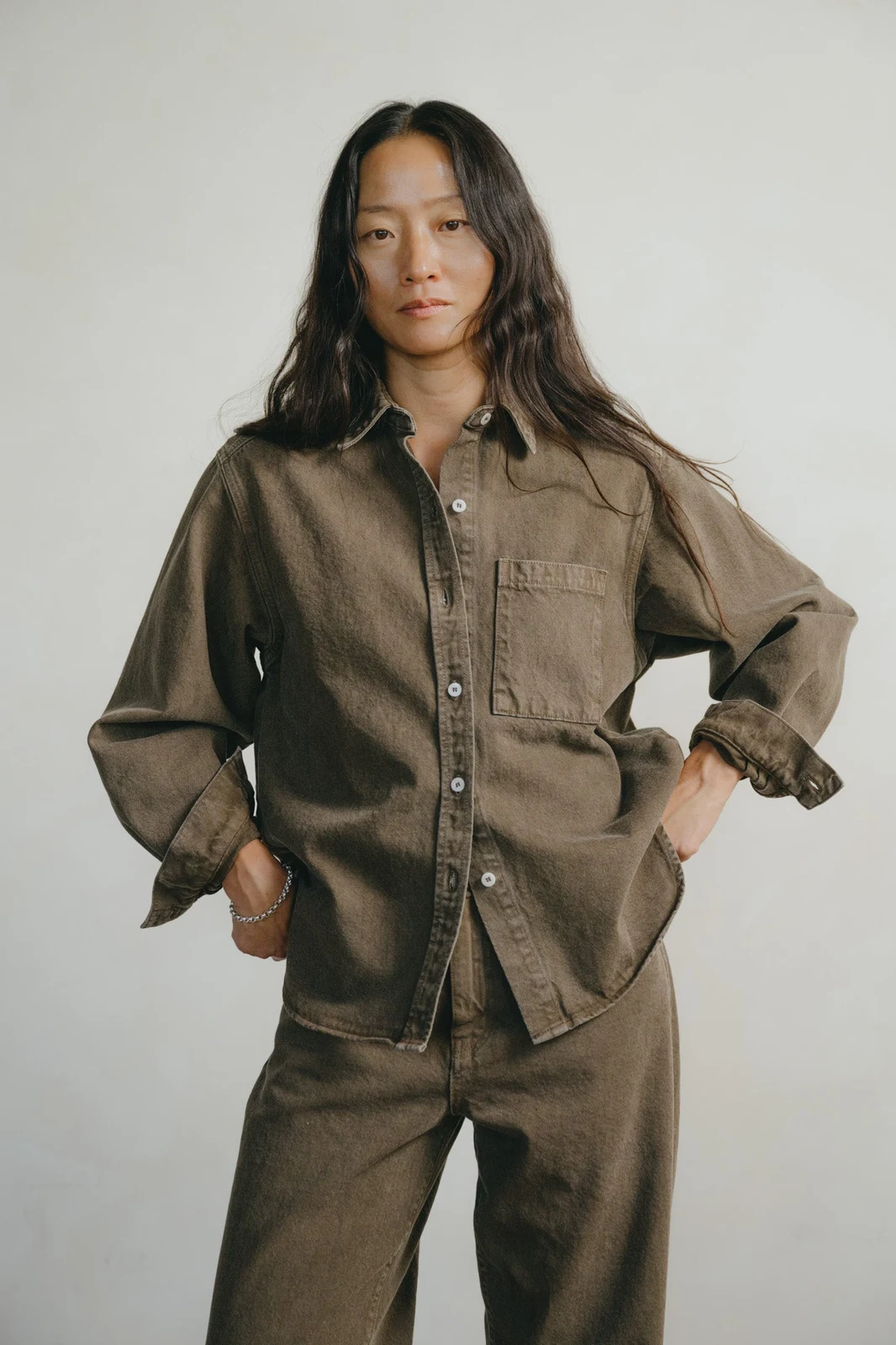 Denim Marcie Shirt, Recycled Denim, Vintage Brown by OZMA.