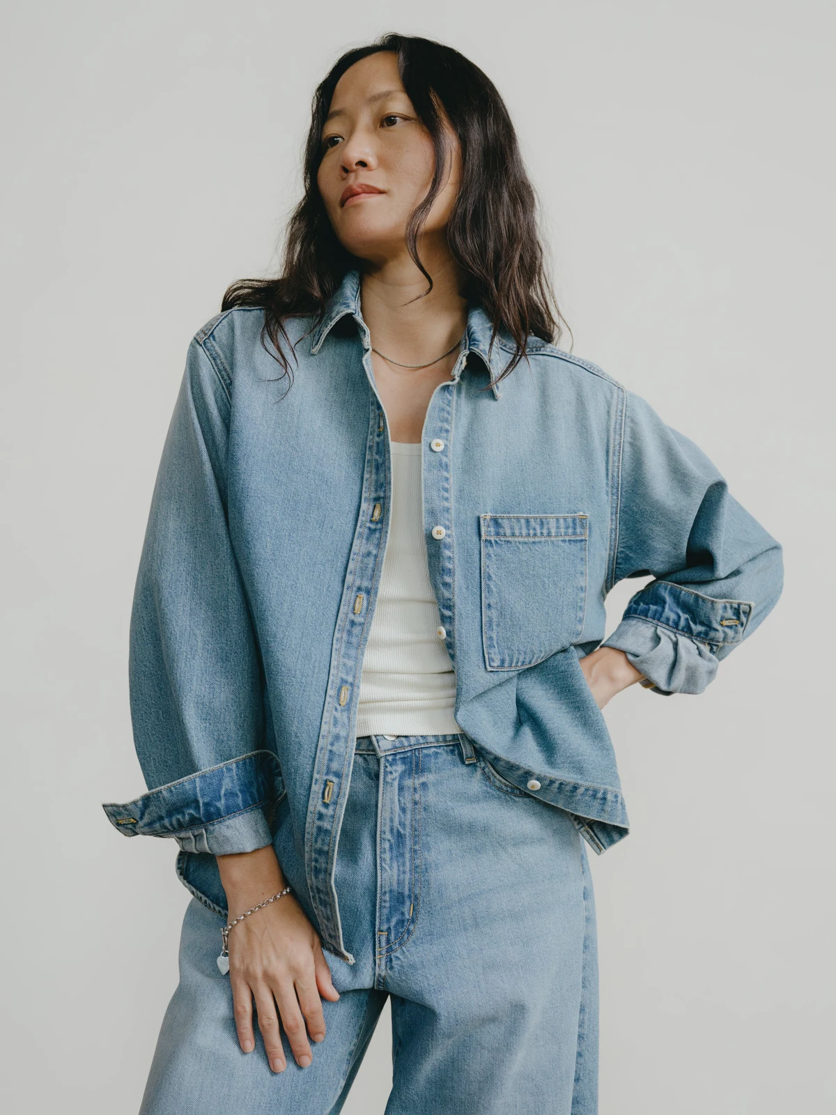 Denim Marcie Shirt, Tencel Denim, Light Wash by OZMA.