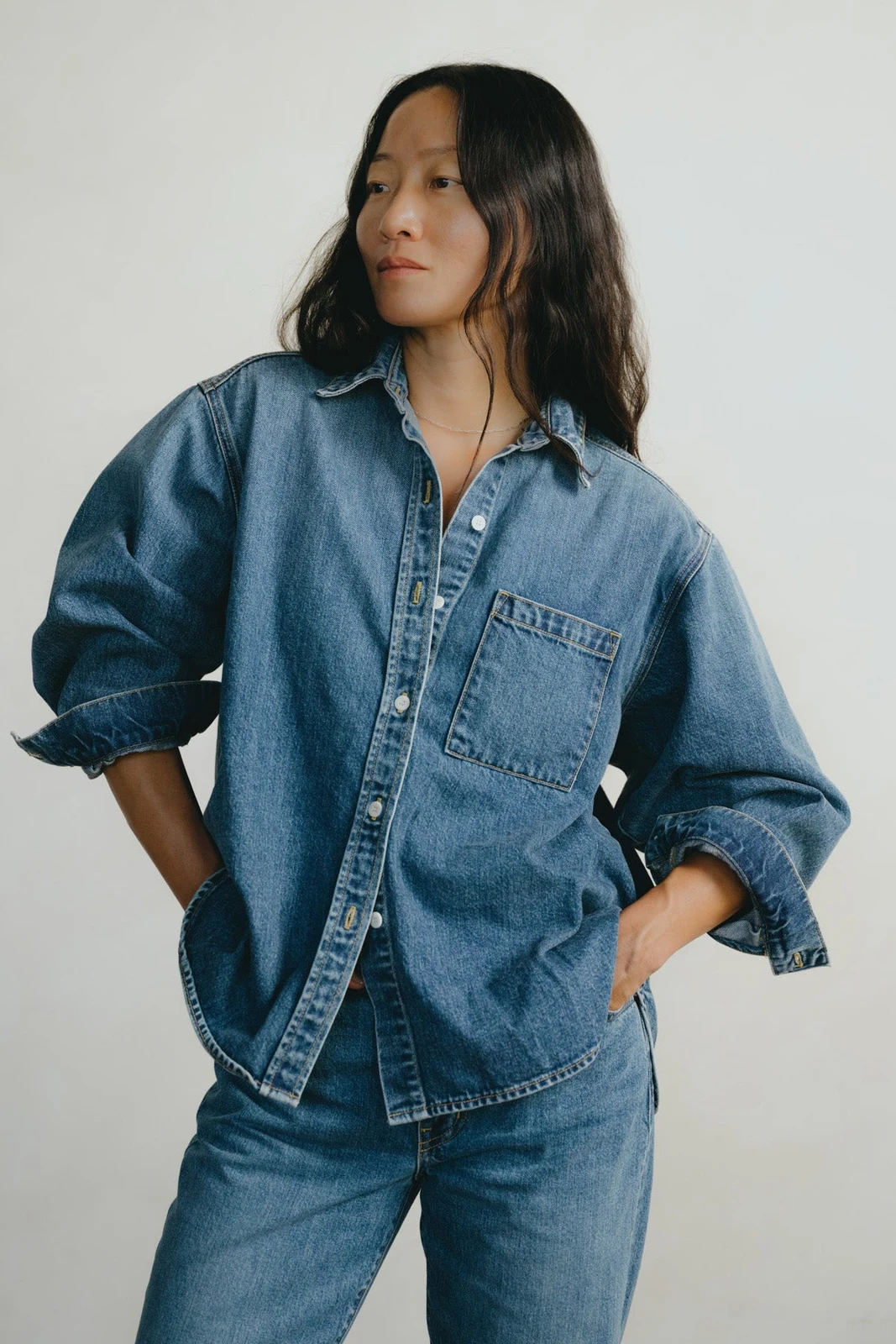 Denim Marcie Shirt, Tencel Denim, Worn by OZMA.