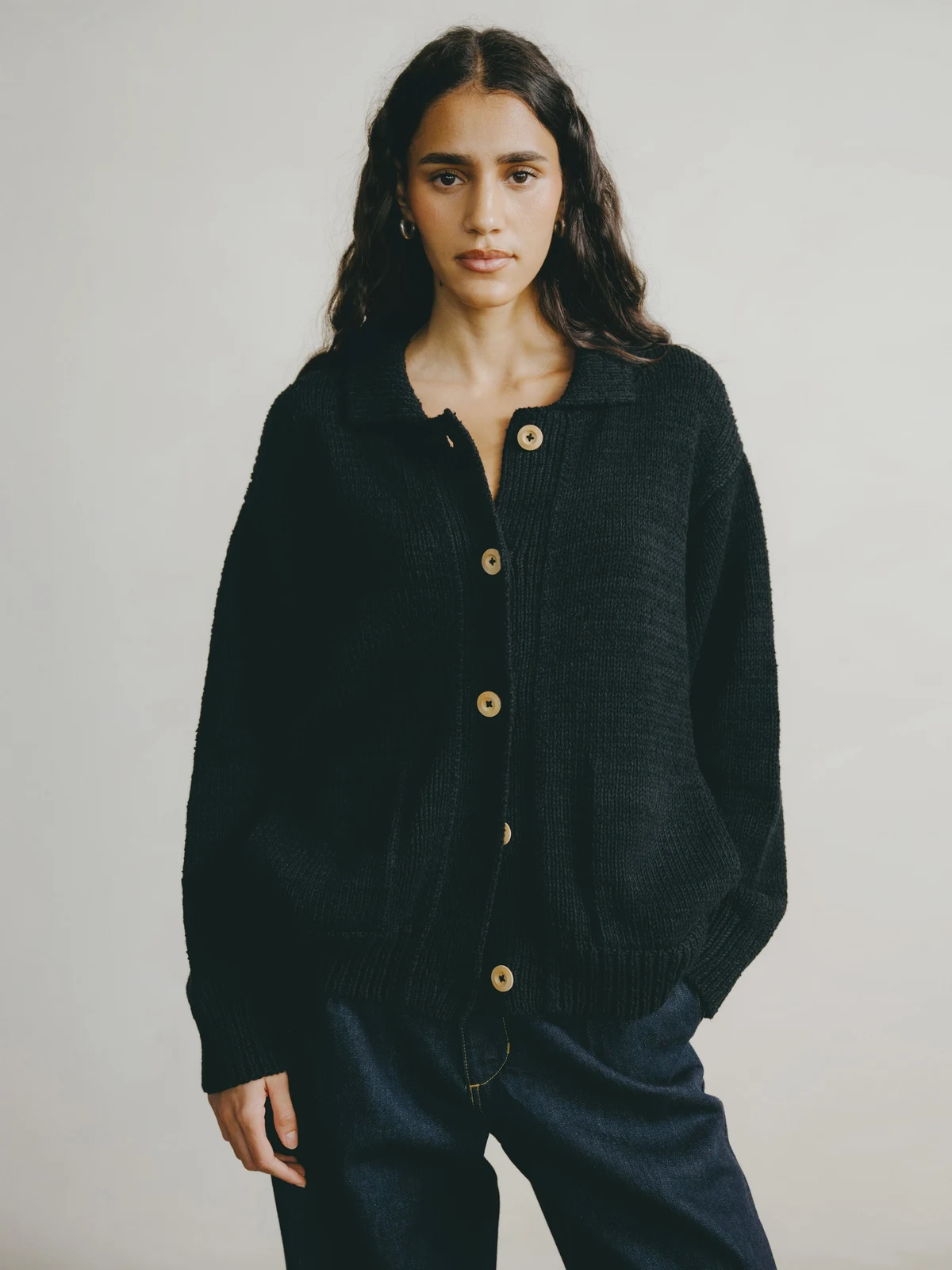 Leon Knit Jacket, Organic Cotton Bouclé, Black by OZMA.