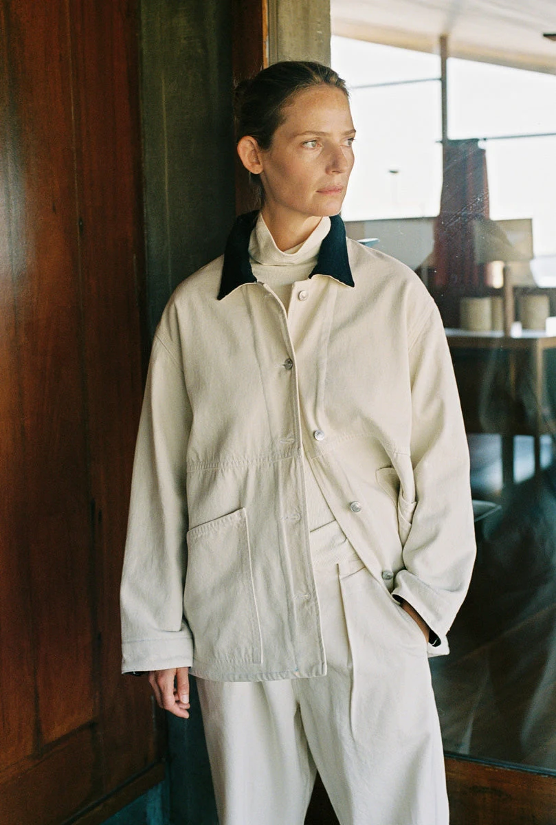 Lined Loretta Jacket, Recycled Denim, Putty by OZMA.