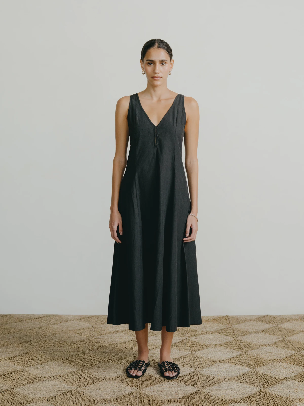 Maritza Dress, Textured Organic Poplin, Soft Black by OZMA.