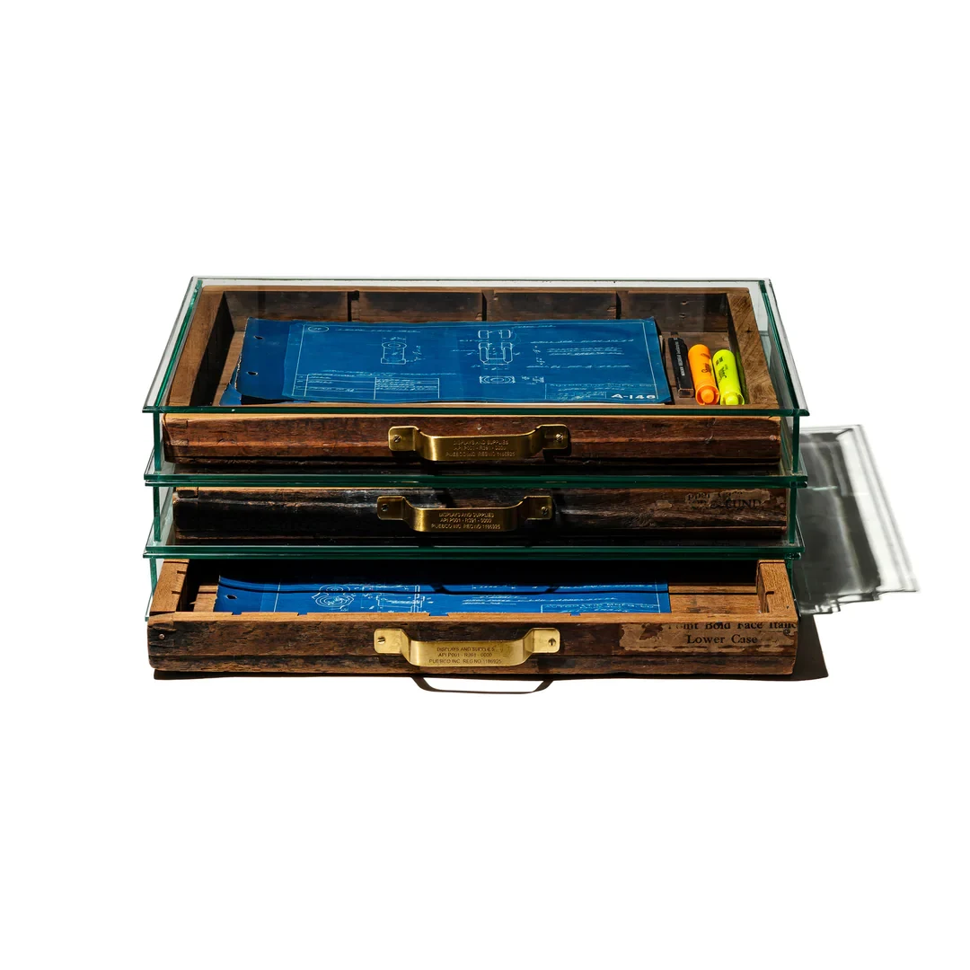GLASS DISPLAY CASE WITH VINTAGE DRAWER by Puebco.