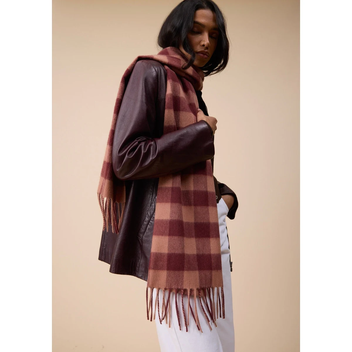 Lambswool Oversized Scarf in Fig Gingham by TBCo.