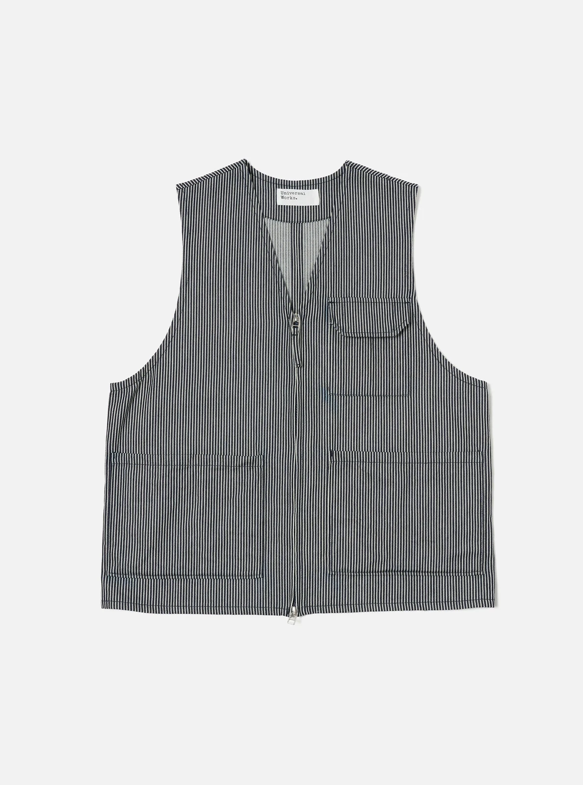 Indigo Hickory Stripe Denim Marine Gilet by Universal Works.