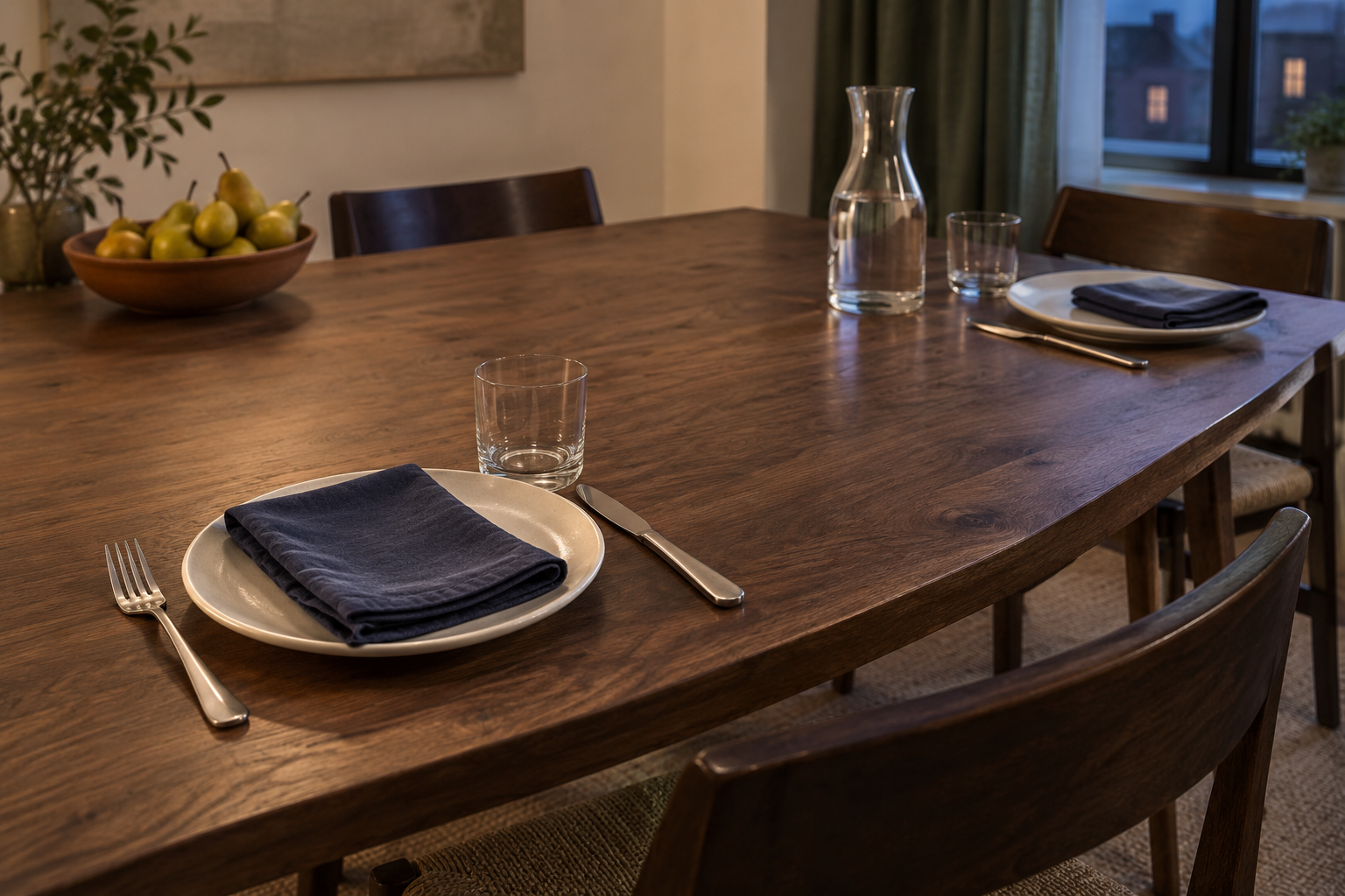AI-generated conceptual image: A close view shows a navy napkin on an ivory plate beside a clear glass, with open table space beyond.