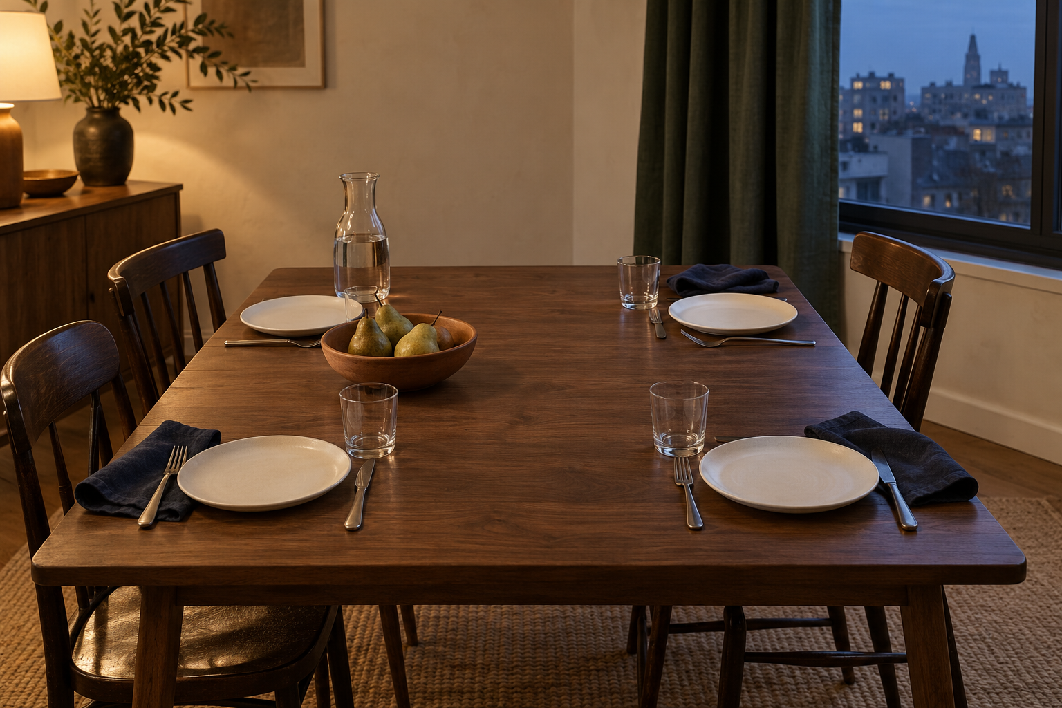 AI-generated conceptual image: Four ivory plates, navy napkins and clear glasses are arranged around a walnut table.