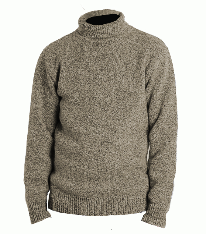 A grey roll-neck sweater has a straight body, long sleeves and ribbed cuffs and hem.