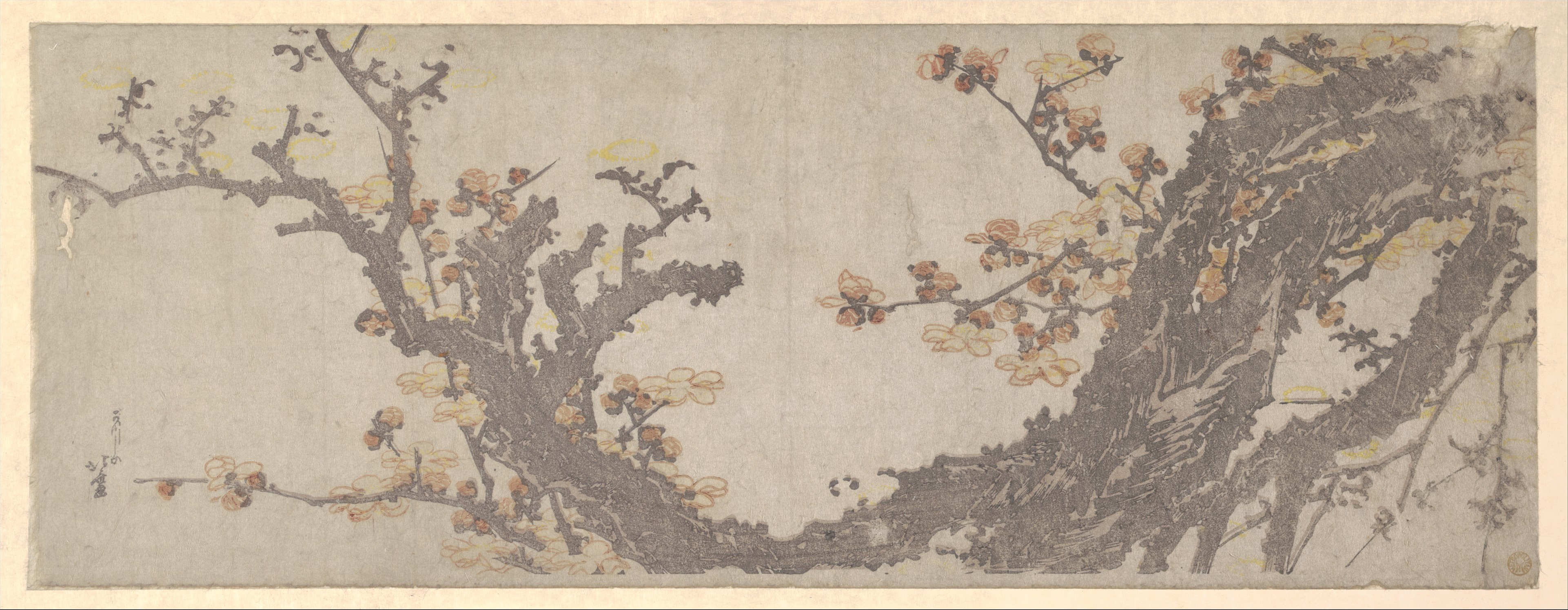 Blossoming plum branches stretch across a long, narrow woodblock print.
