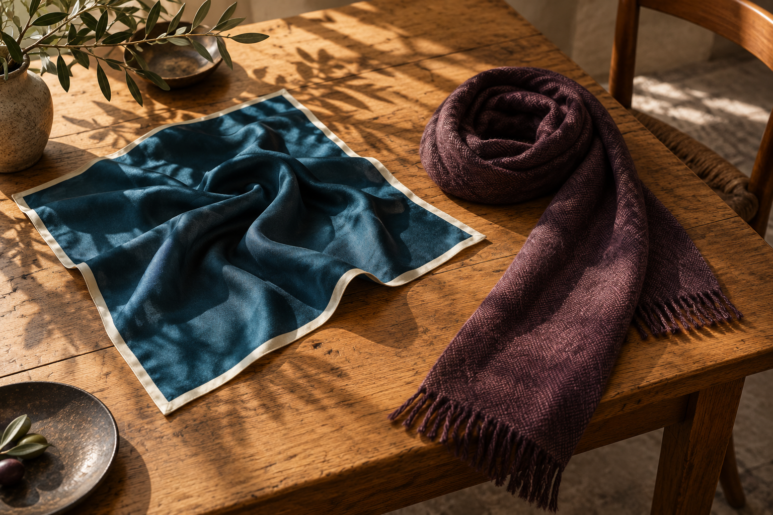 An AI-generated still life shows a blue square scarf and a long aubergine scarf arranged on a sunlit wooden table.