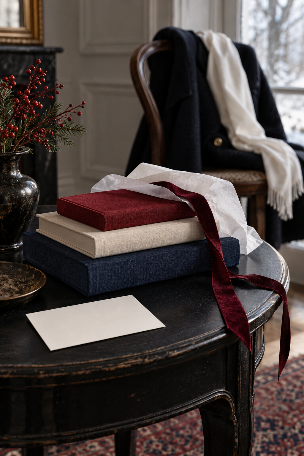 AI-generated conceptual image: Three unbranded clothbound books sit with loose burgundy ribbon and a blank card on a dark side table.