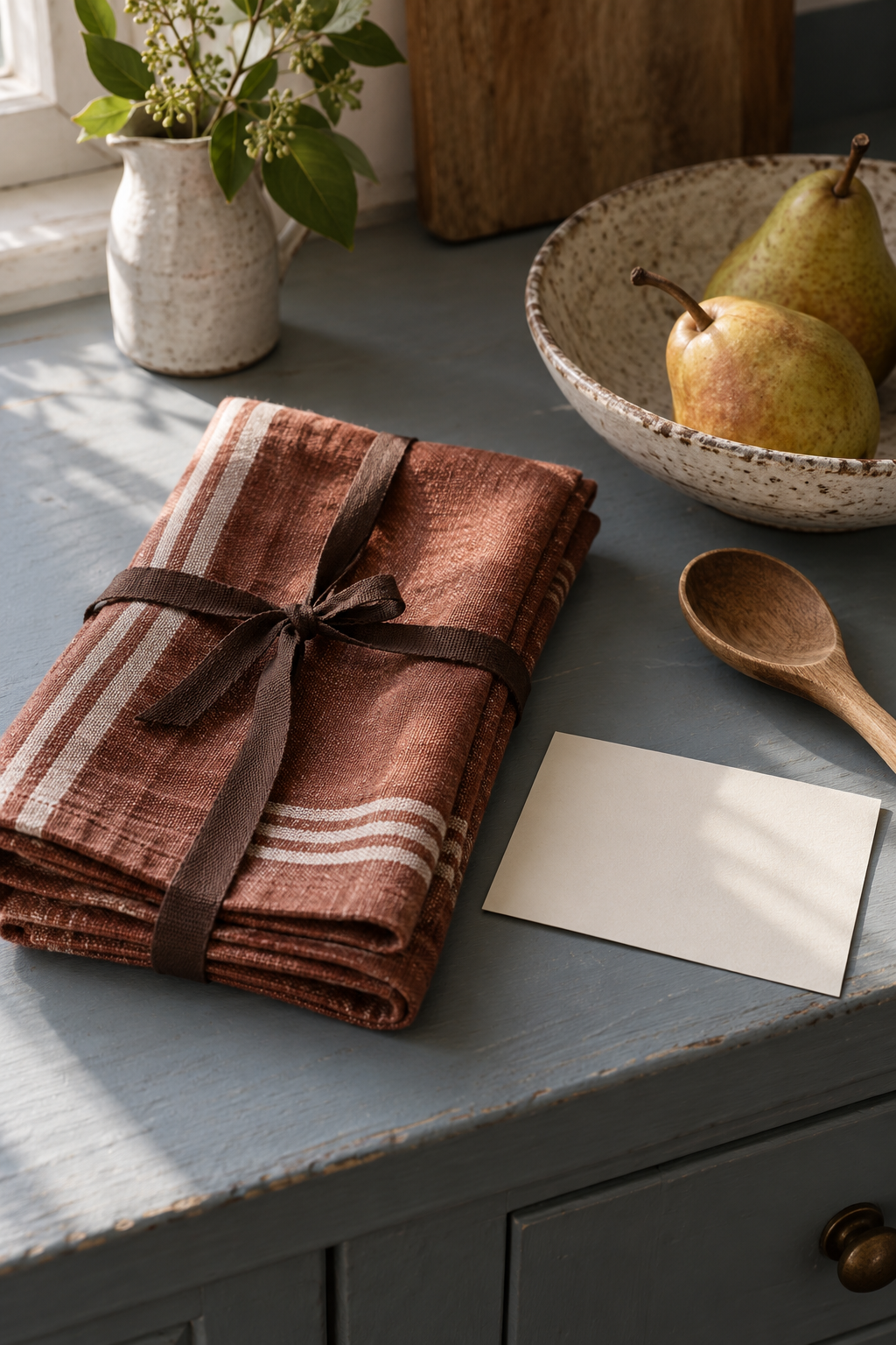 AI-generated conceptual image: A folded terracotta towel is tied with brown ribbon beside a blank card and a bowl of pears.