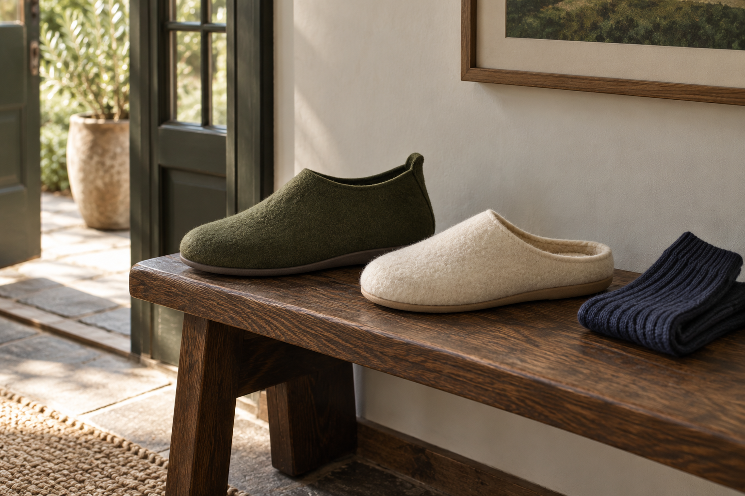 An AI-generated still life shows an olive closed-heel house shoe, a cream backless shoe and folded navy socks on a wooden bench.