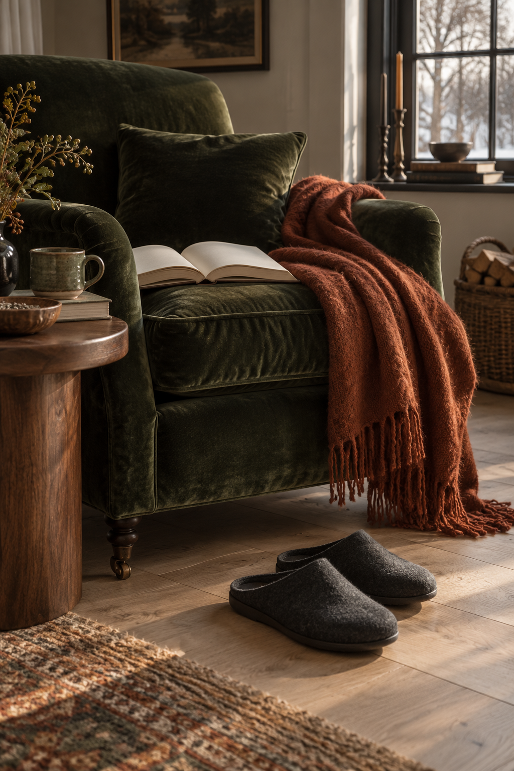 An AI-generated room shows a green armchair, an open book, a rust throw and charcoal slippers on a wooden floor.