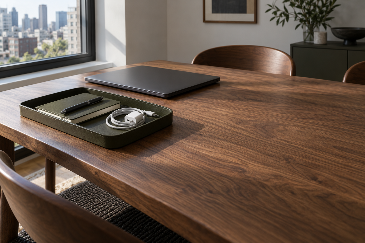 AI-generated conceptual image: A small olive tray holds a notebook, pen and cable on a mostly clear wooden table.