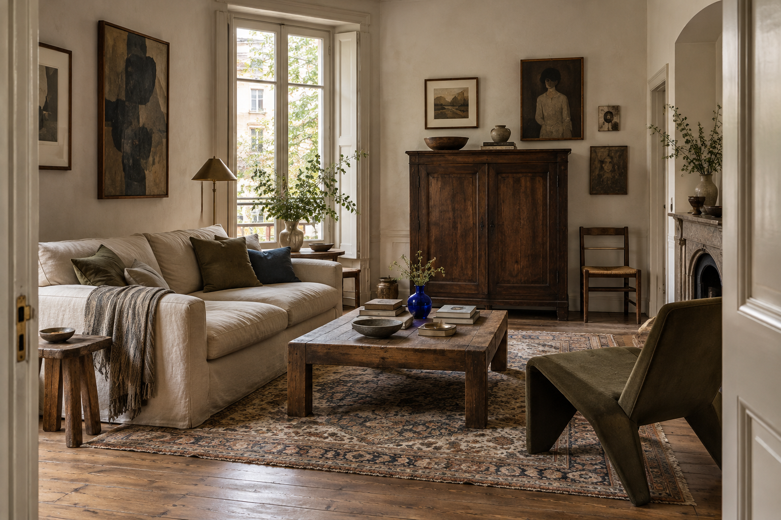 Conceptual AI eclectic living room with a linen sofa, aged walnut cabinet, olive chair, faded rug, layered art and a cobalt glass vase.