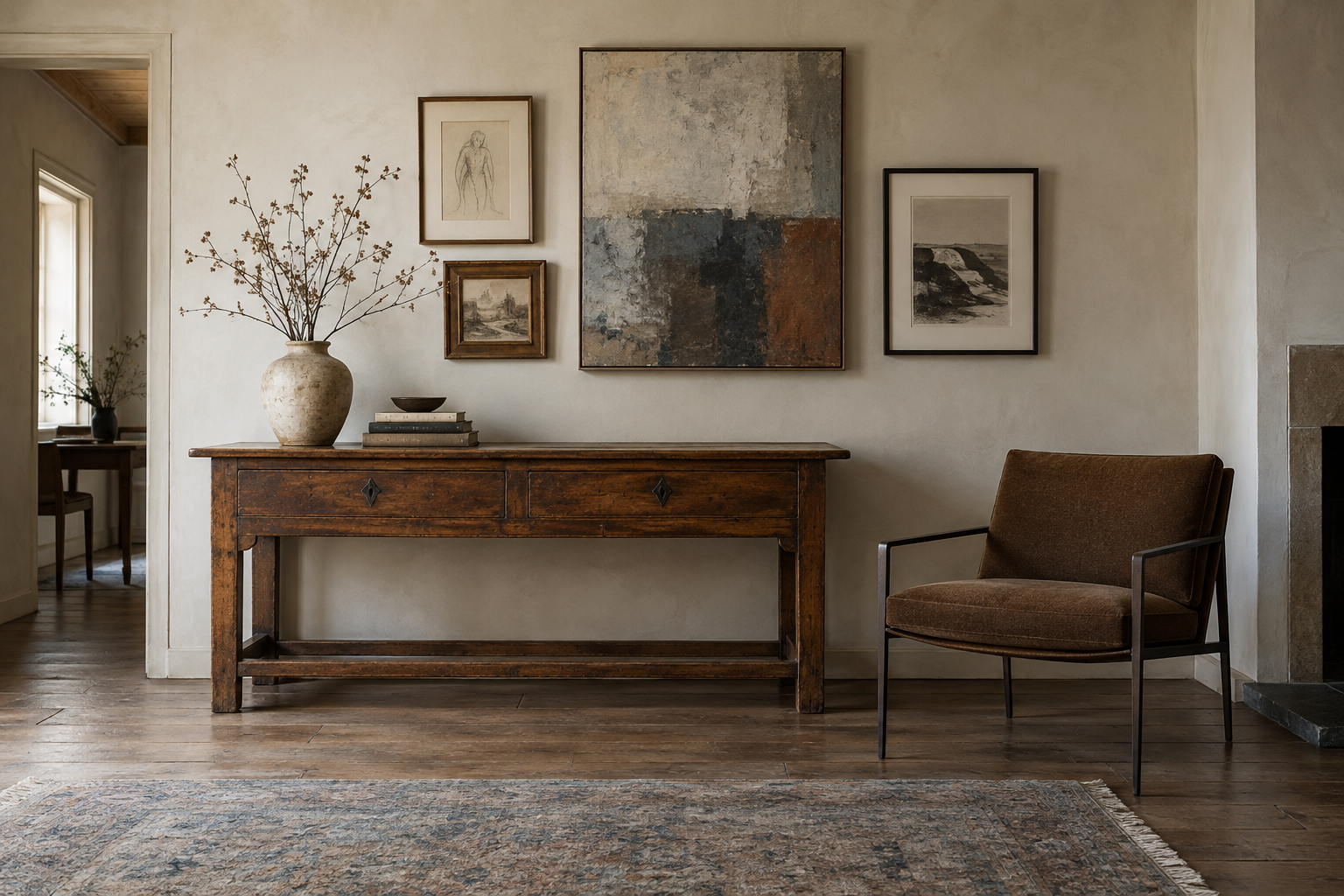 Conceptual AI interior with an aged walnut console, contemporary chair, varied artwork, plaster walls and a faded rug.