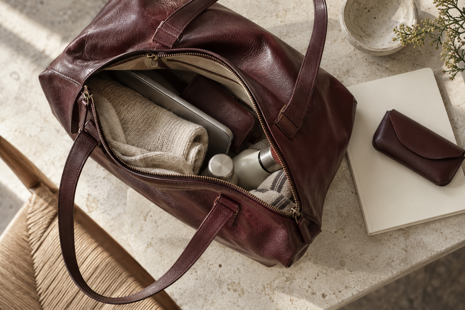 An AI-generated overhead view shows an open burgundy bag holding a folded knit and several objects beside a notebook and glasses case.