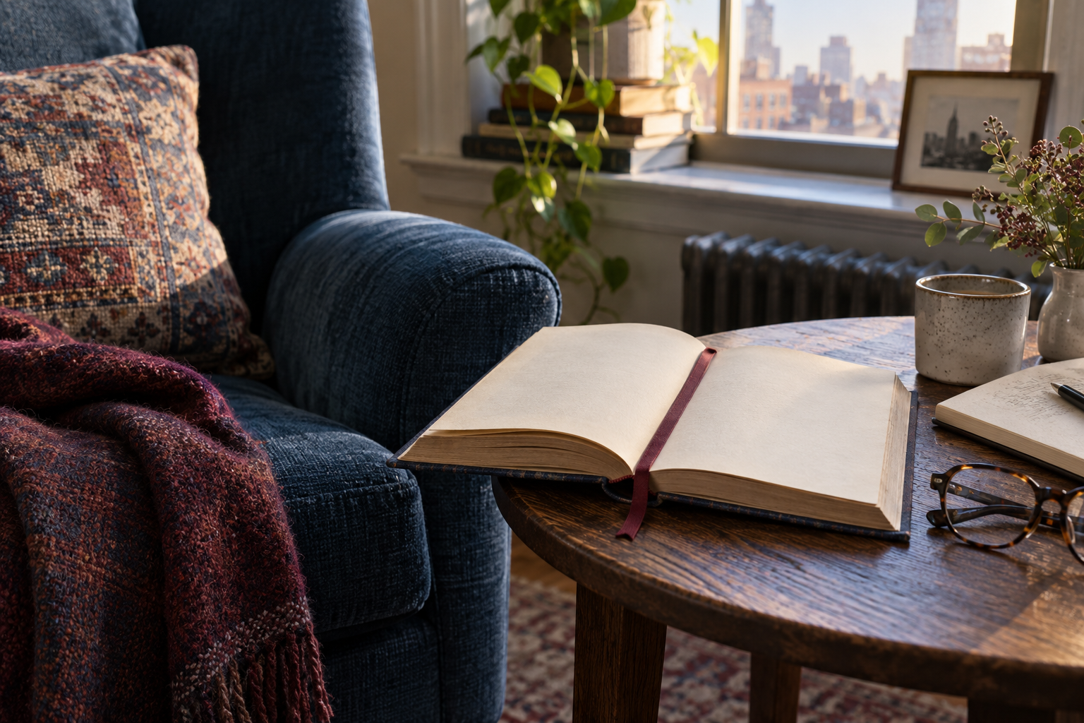AI-generated conceptual image: An open blank book with a burgundy ribbon lies beside reading glasses near a blue chair.