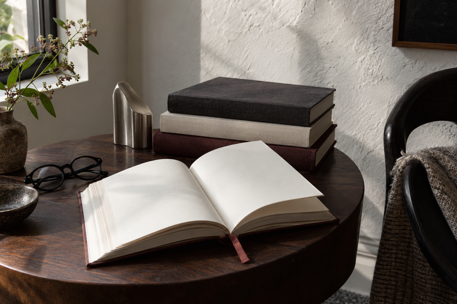 AI-generated conceptual image: An open blank book, stacked unbranded books and glasses sit on a dark wooden table in window light.