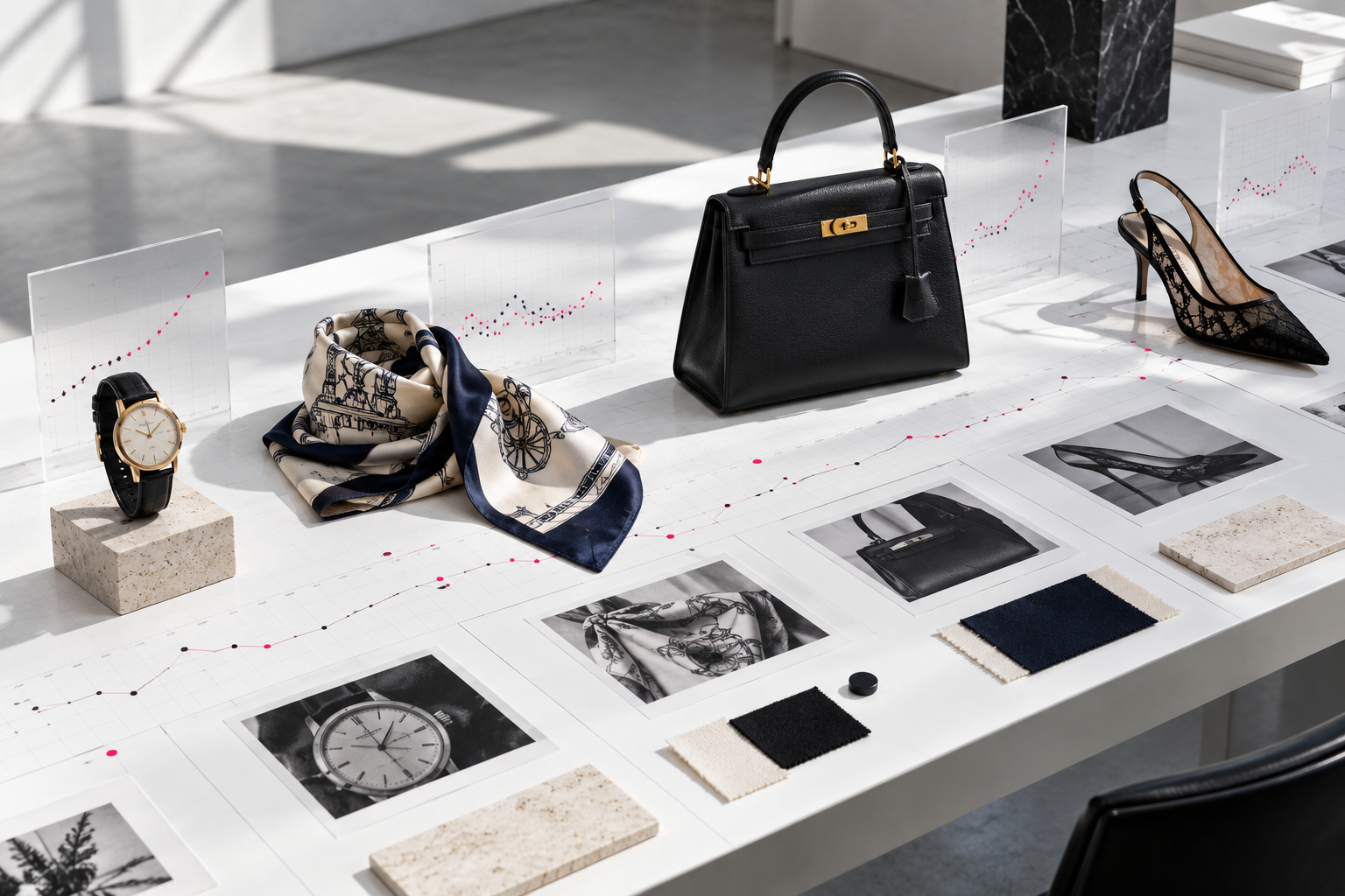 Conceptual AI archive table with a watch, scarf, structured handbag and shoe arranged among physical charts, photographs and discreet pink data points.