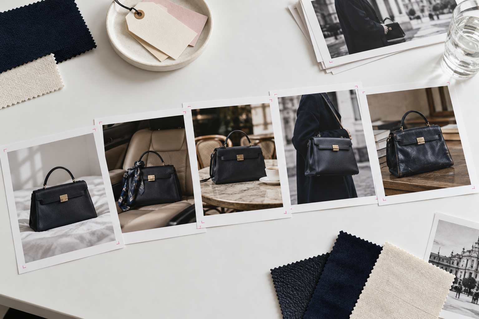 Conceptual AI contact-sheet arrangement showing one anonymous black handbag photographed across several moments, with material swatches and blank archive tags.