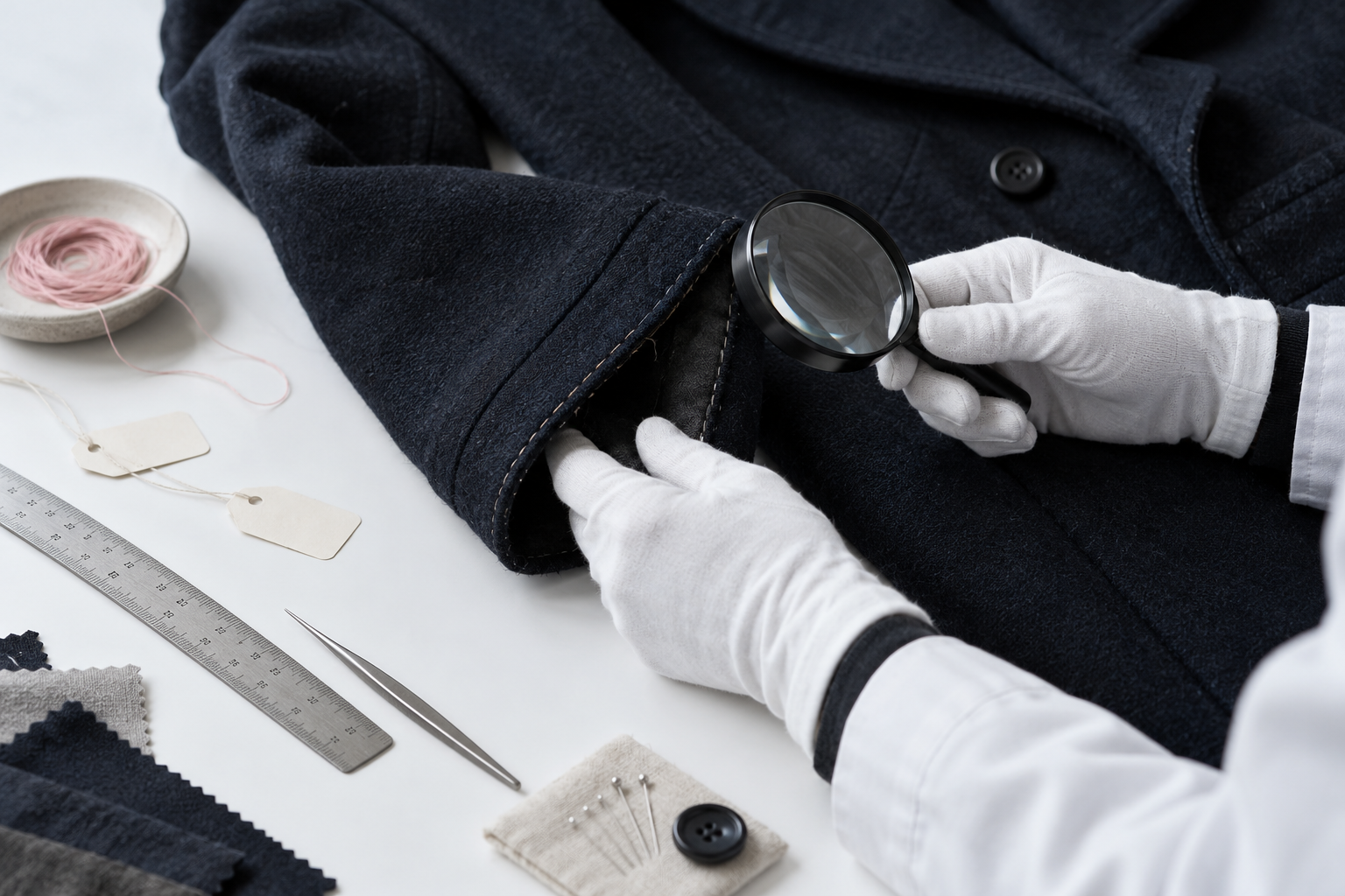 Conceptual AI close view of gloved hands inspecting the seam and sleeve of a dark wool coat with a magnifier, ruler and material samples.