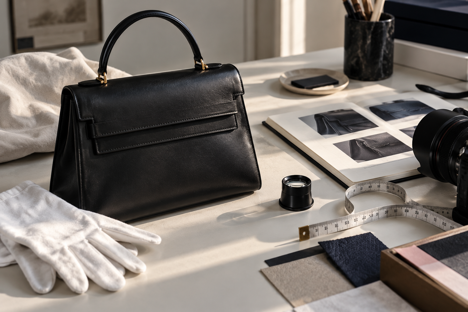 Conceptual AI editorial still life of a black vintage handbag, gloves, camera, loupe, measurements and condition photographs on a white worktable.