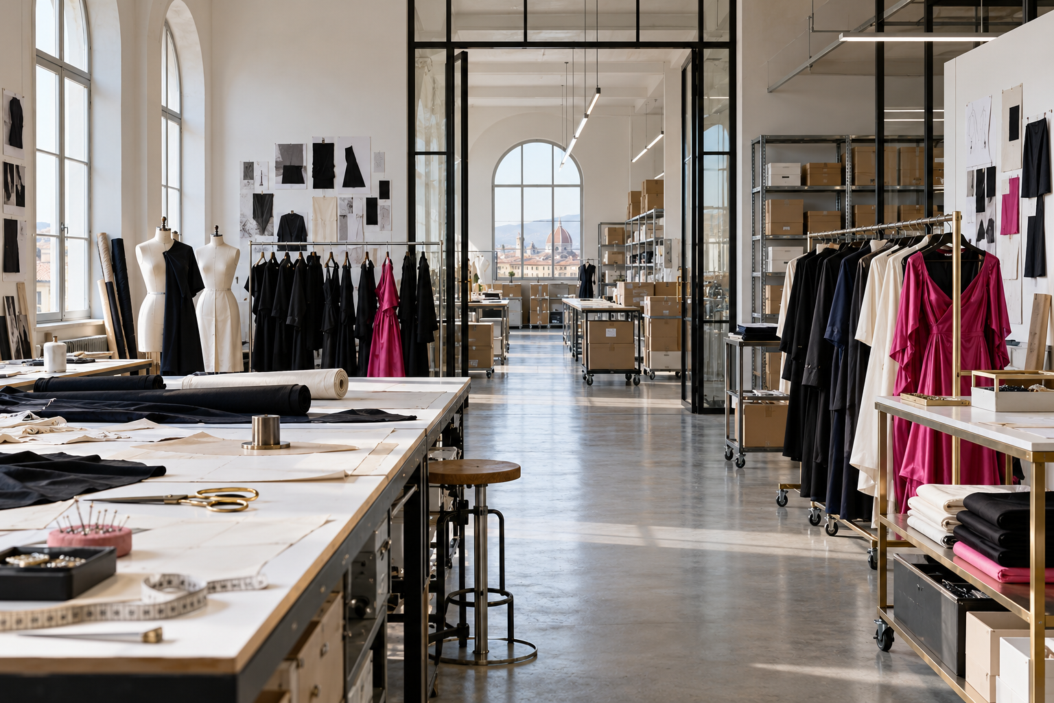 Conceptual AI Italian fashion atelier with connected work zones, anonymous black and vivid pink garments, pattern tables, rails and logistics boxes.
