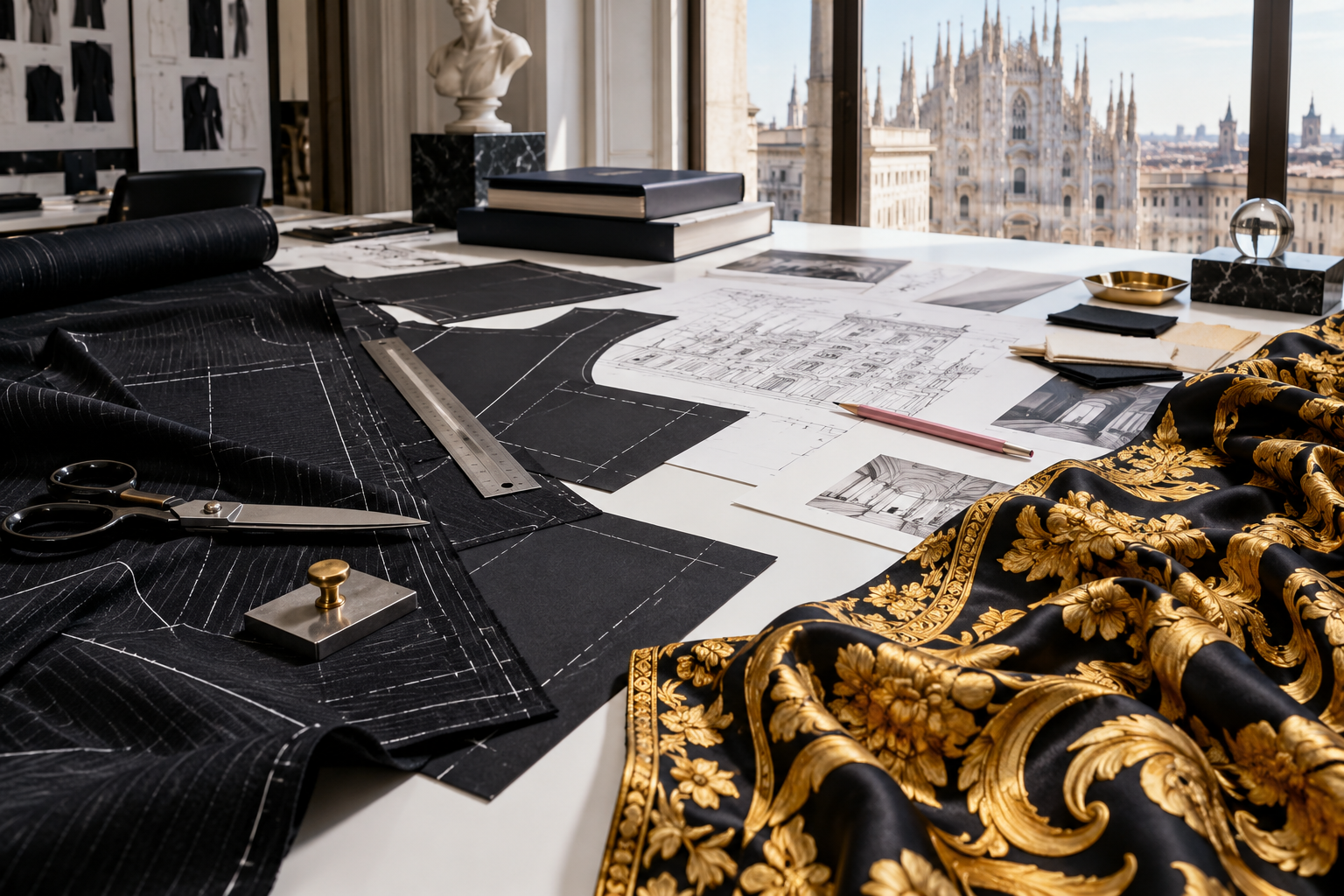 Conceptual AI Milan fashion worktable where precise black tailoring patterns meet an exuberant gold-and-black textile, architectural plans and a pink pencil.