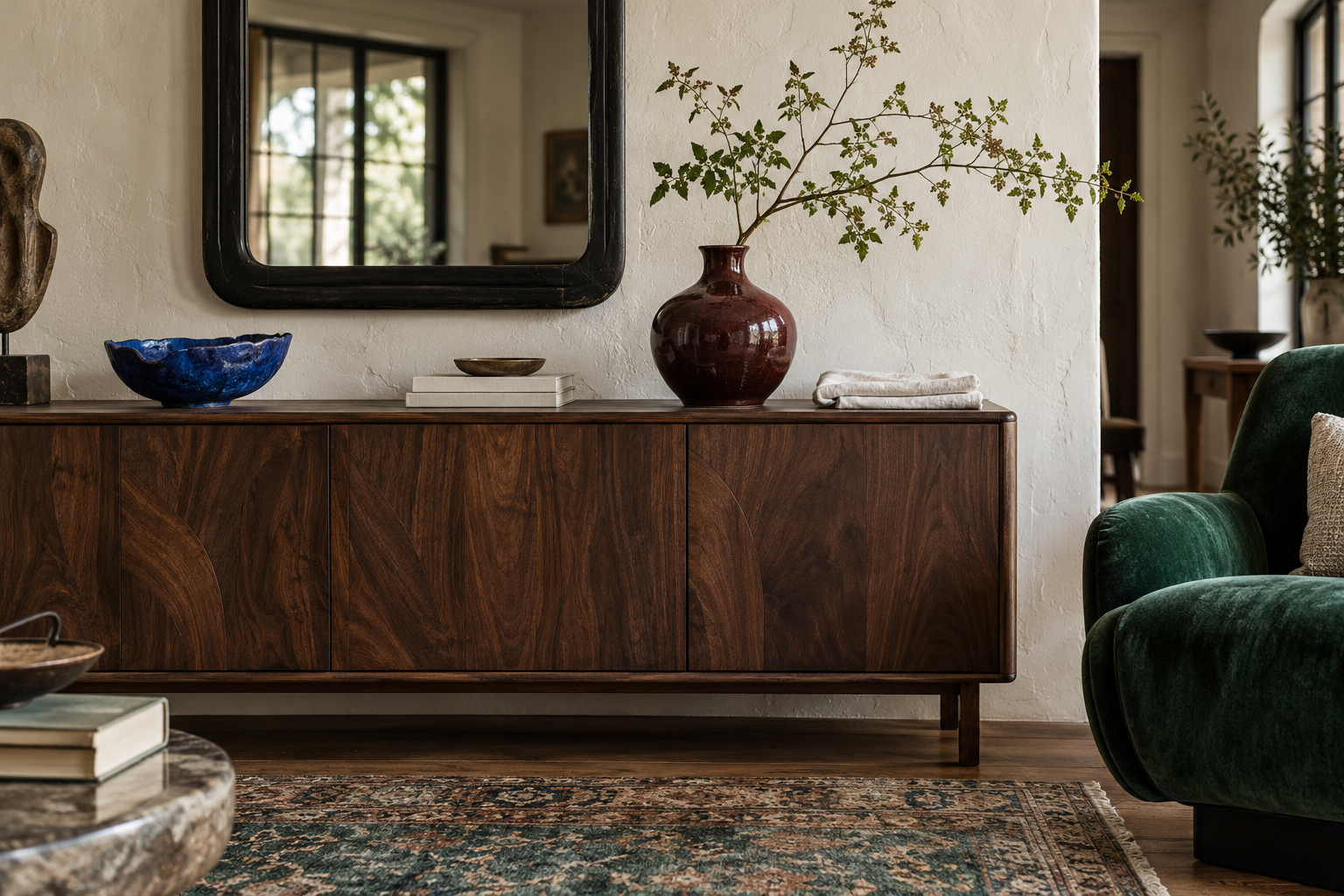 Conceptual AI image of a collected room with a wood sideboard, cobalt bowl, oxblood vase, green chair and layered textiles; all props are fictional and unbranded.